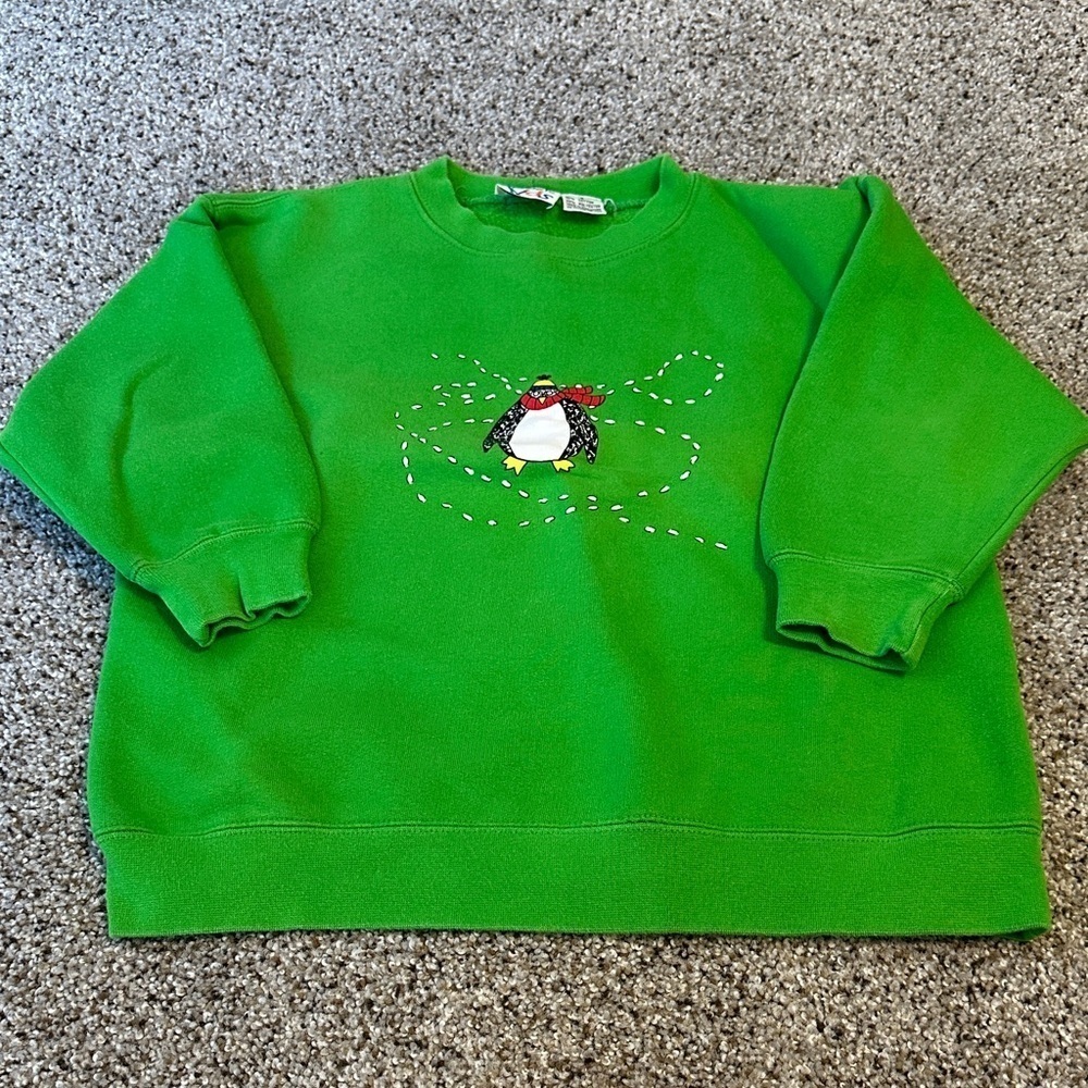 Vintage Talbots Kids Green Winter Scene Penguin Sweatshirt, size 8, EUC